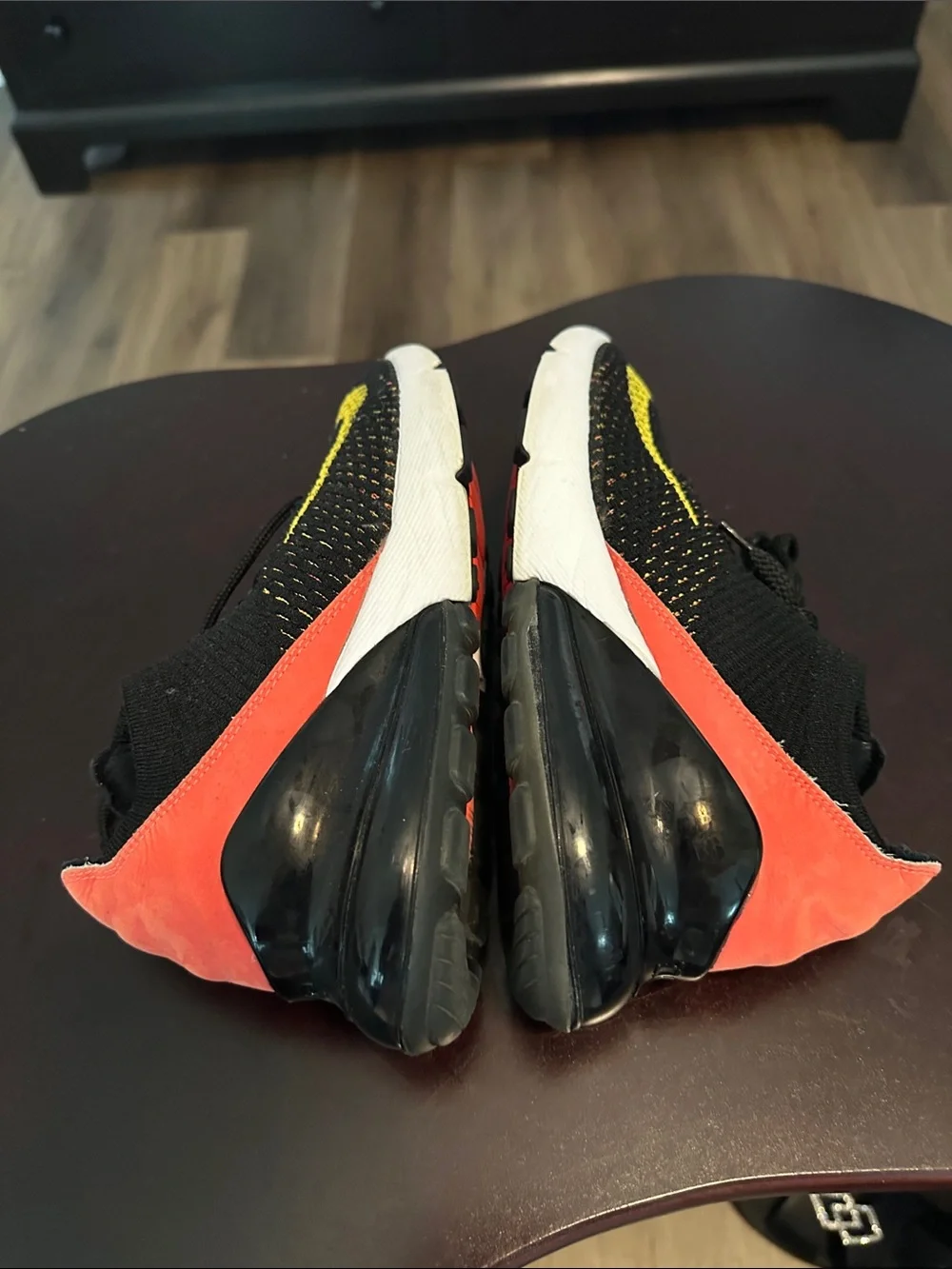 Nike AirMax Women's Black Knit Sneakers with Yellow Swoosh and Coral Accents